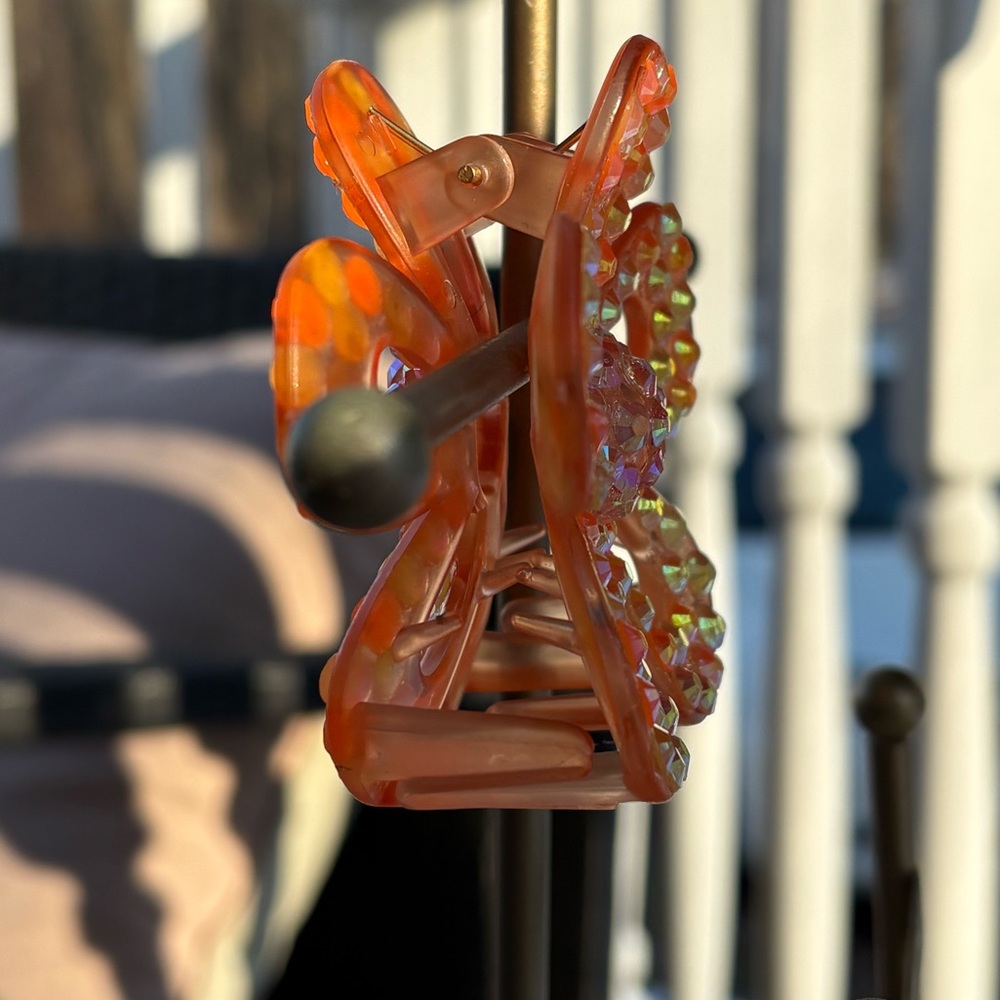 Handmade Orange Rhinestone Flower Hair Clip - Picture 3 of 4